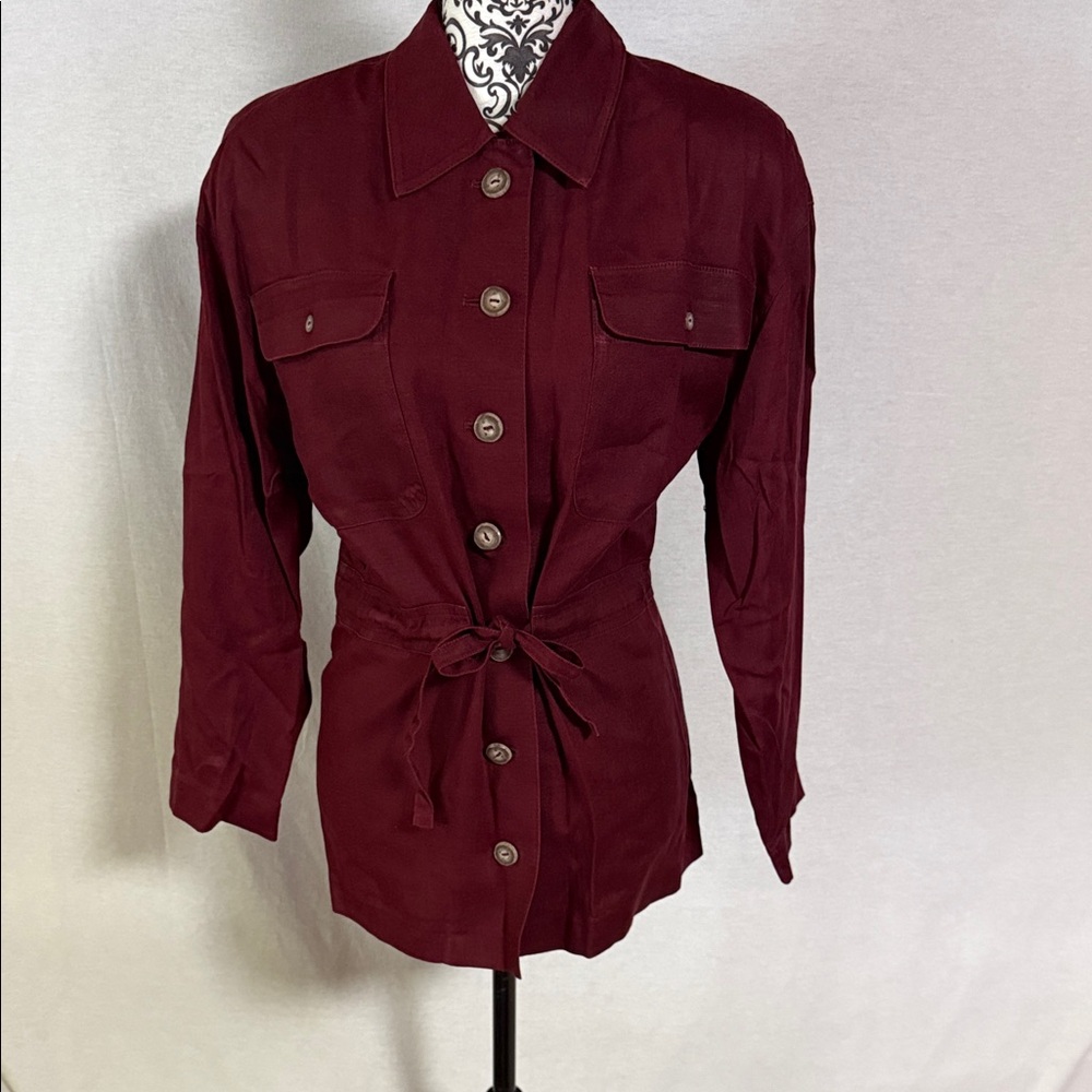 Lord & Taylor Petites Safari Utility Linen Jacket Peplum Tie Waist Burgundy